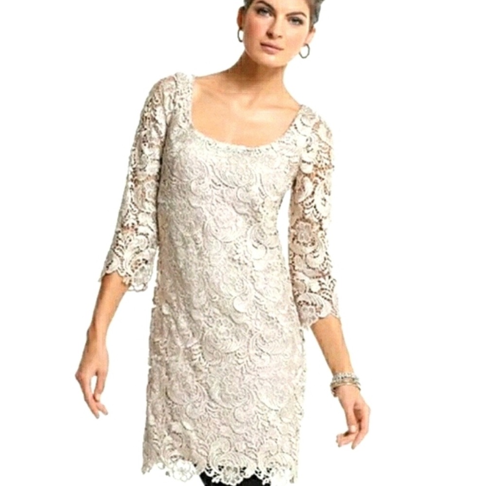 NWOT WHBM Lace Cocktail Mini Dress 3/4 Sleeves Champagne Size 2